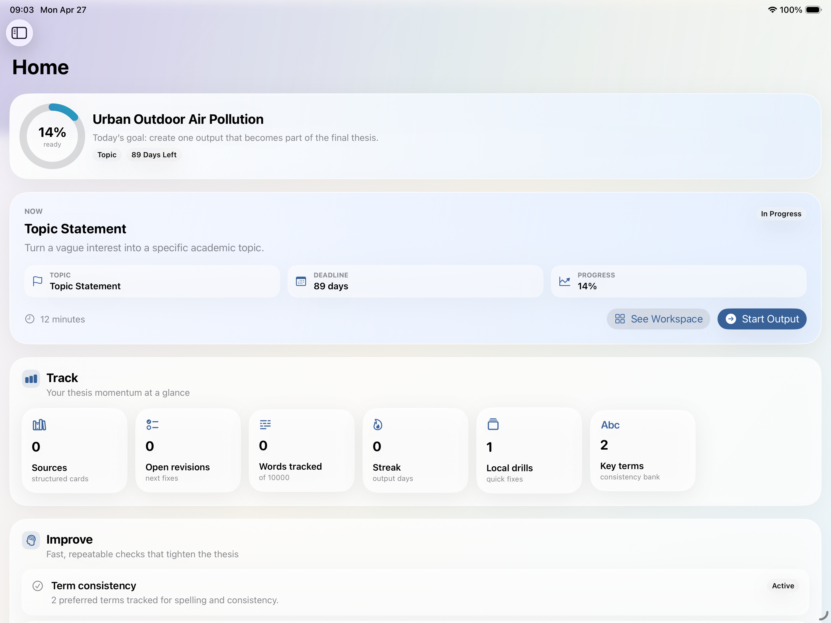 Write Your F*cking Thesis dashboard in the iPad/Mac App showing progress, current output, and thesis momentum