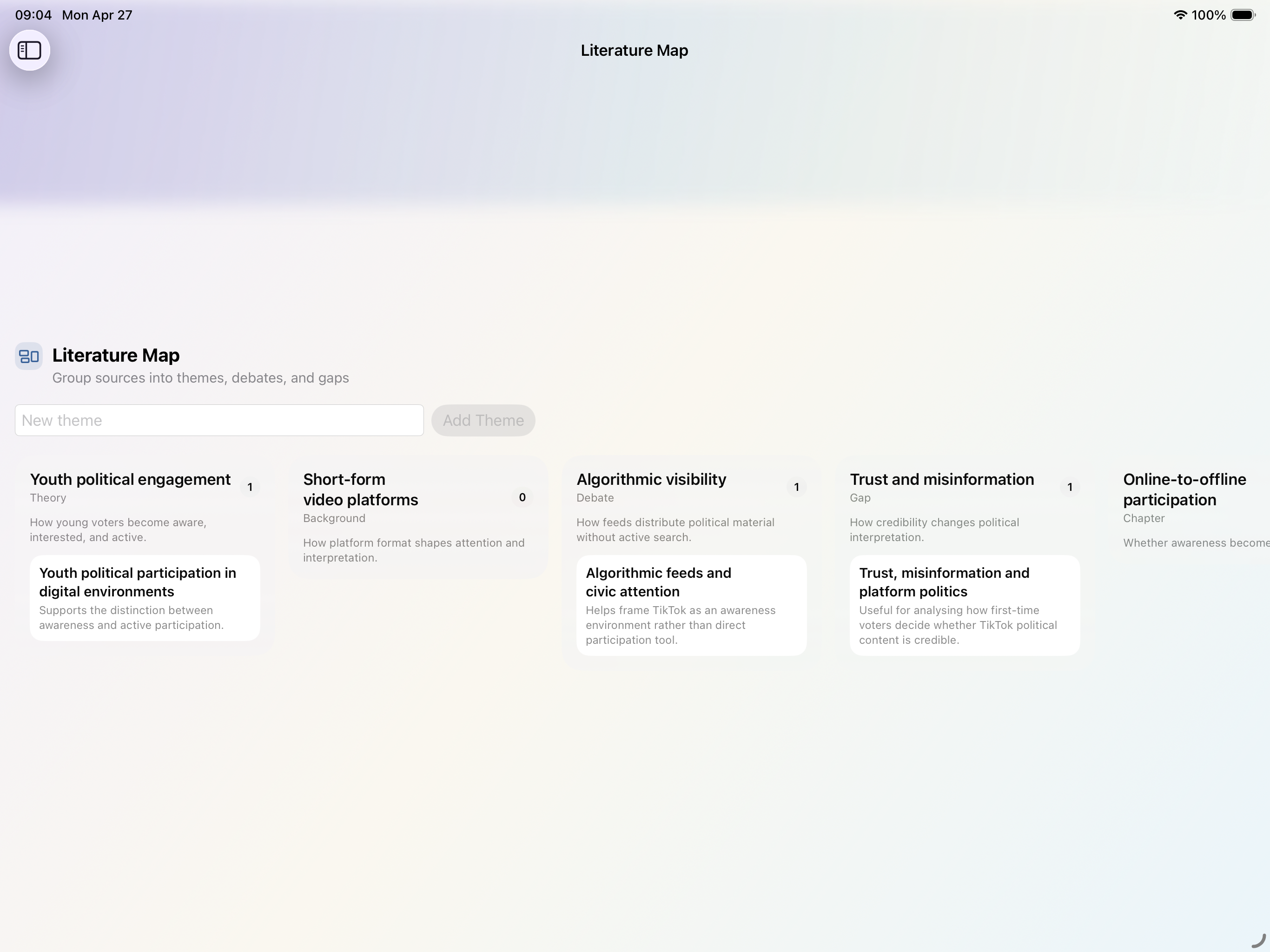 Literature Map in the iPad/Mac App grouping thesis sources into themes and debates