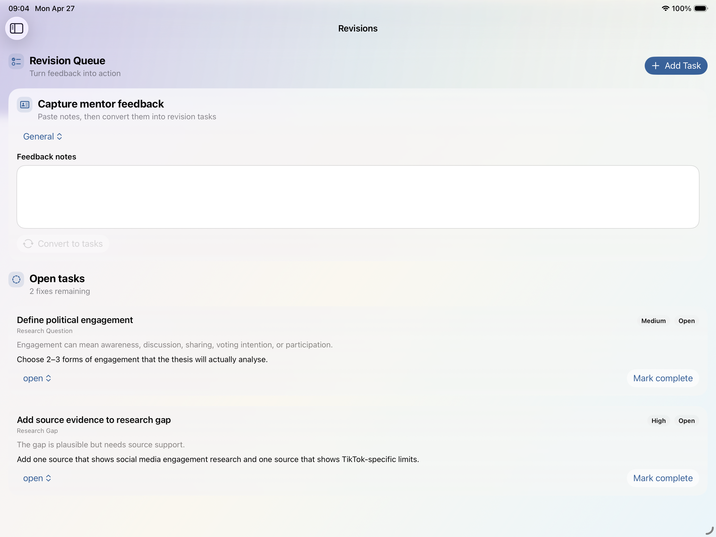 Revision Queue in the iPad/Mac App showing mentor feedback turned into actionable thesis tasks