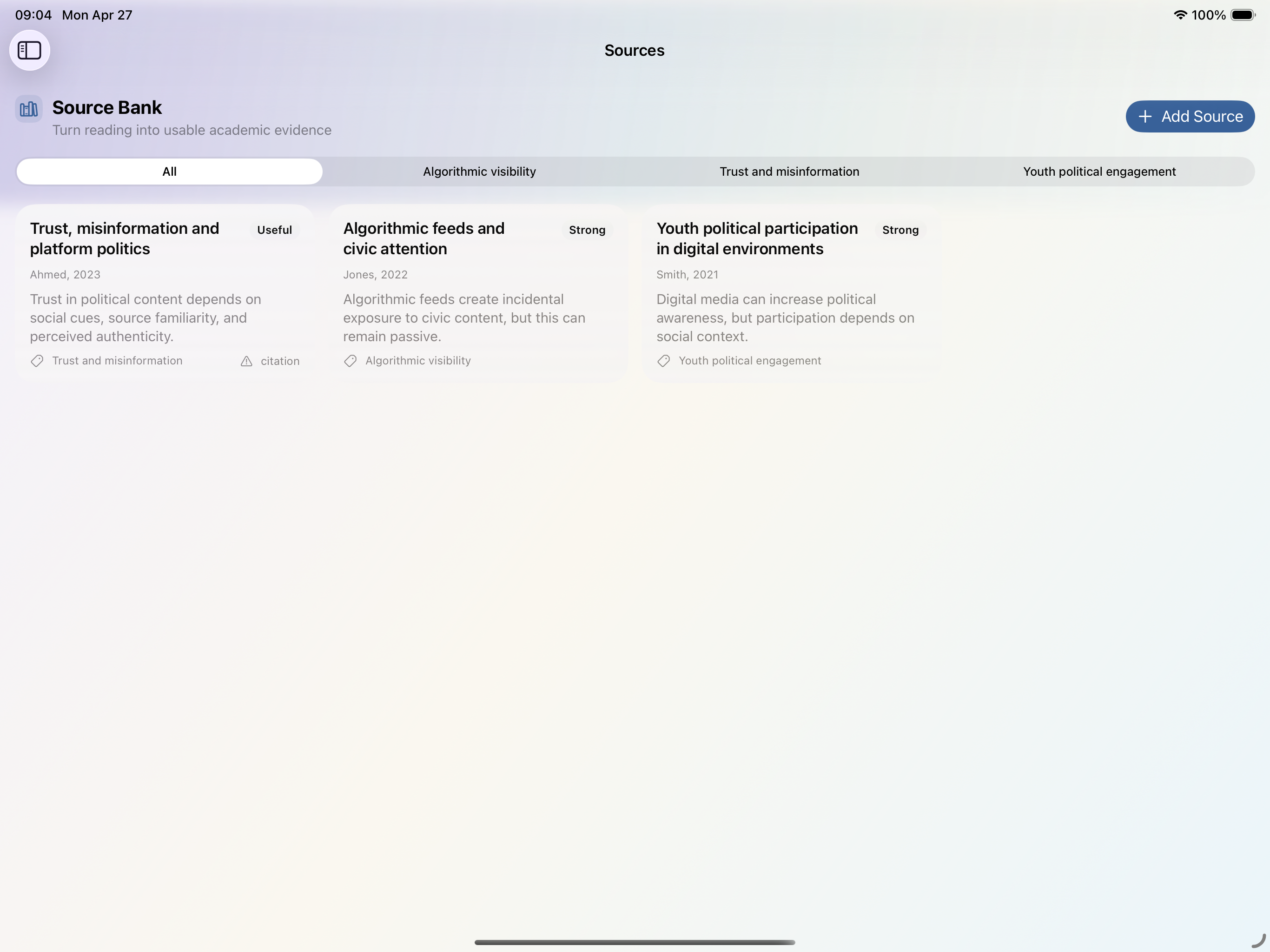 Source Bank in the iPad/Mac App showing thesis source cards and topical filters