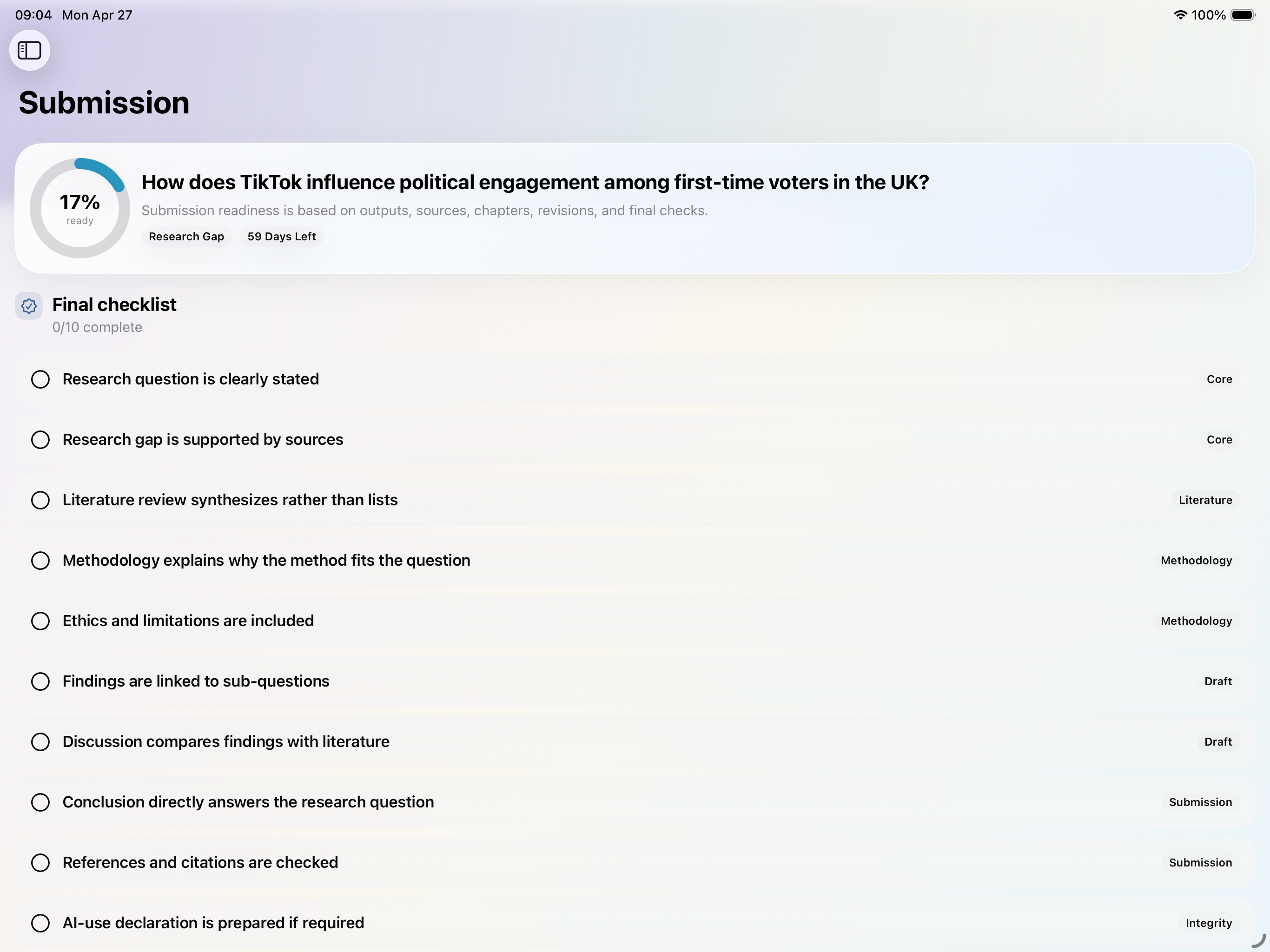 Submission Readiness in the iPad/Mac App showing a final thesis checklist