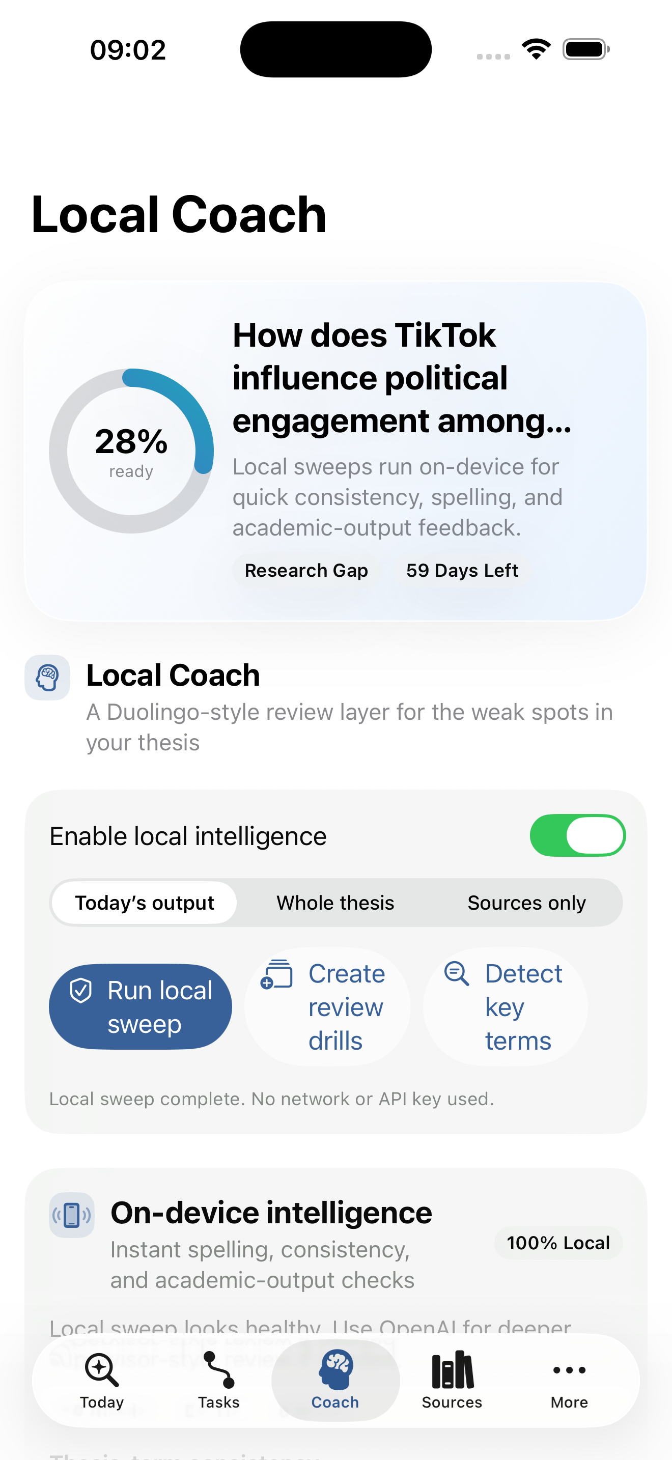 Local Coach on iPhone showing on-device thesis review tools