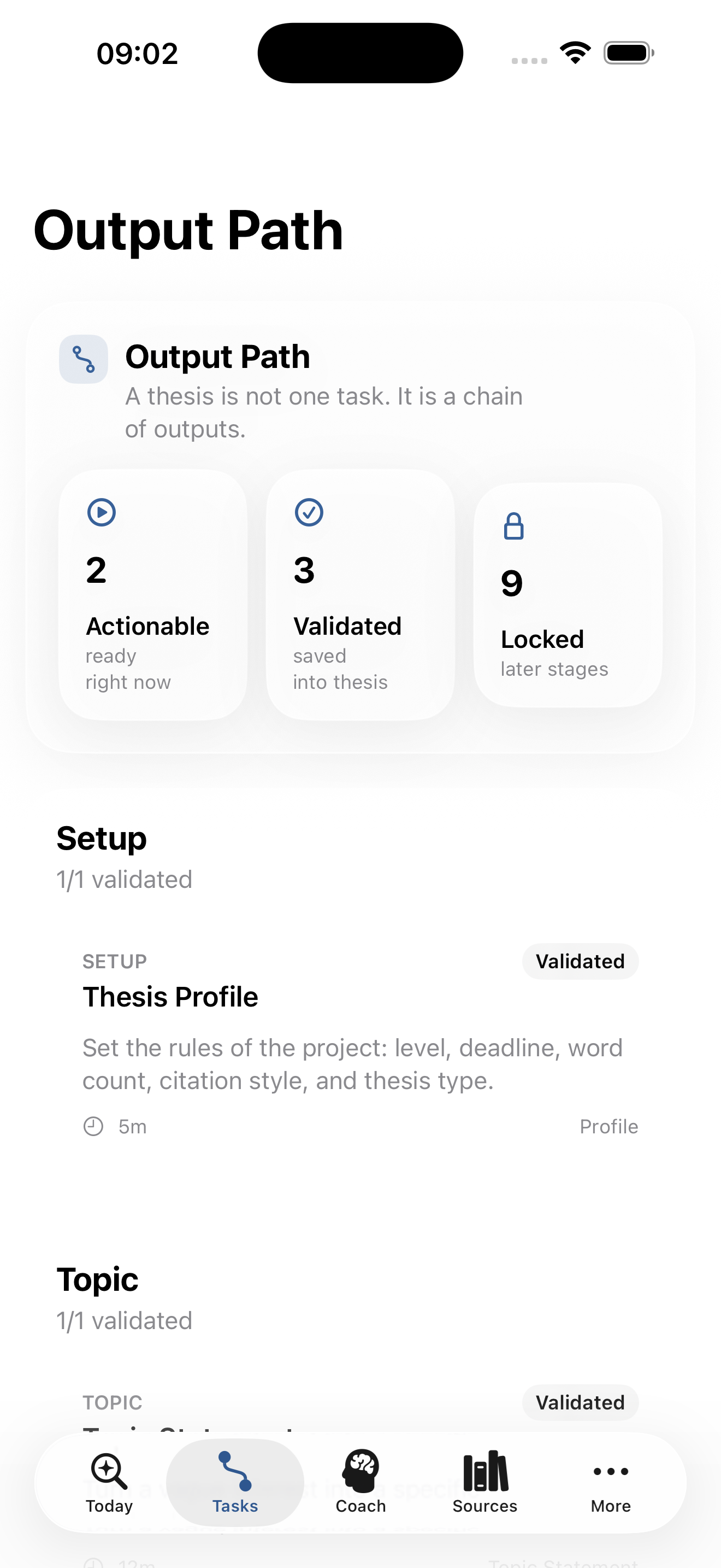 Write Your F*cking Thesis output path on iPhone showing actionable thesis tasks